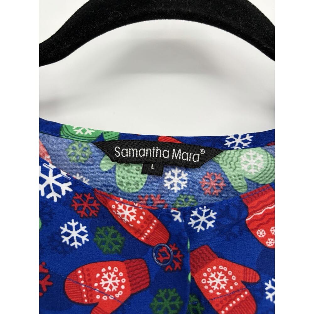 Samantha Mara Christmas Scrub Jacket Women’s Large Mittens Snowflakes Holiday - Picture 5 of 6